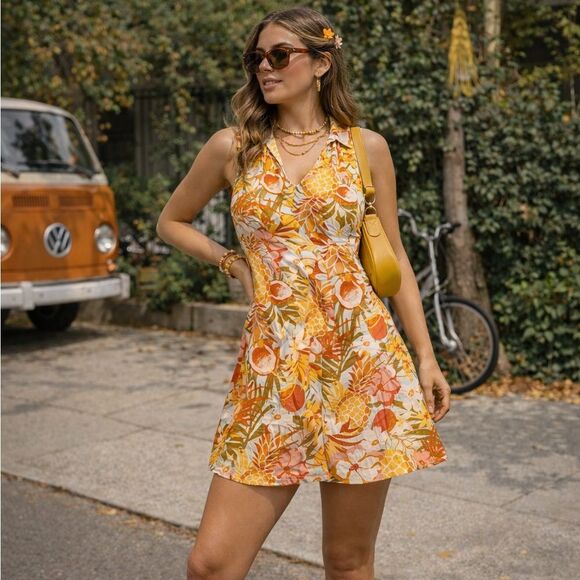 Allison Brittney Dresses & Skirts - Allison Brittney Tropical Pineapple Floral Fit Flare Mini Dress Small Boho Retro